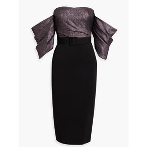 BADGLEY MISCHKA Off-the-shoulder paneled glittered woven midi dress	US 6